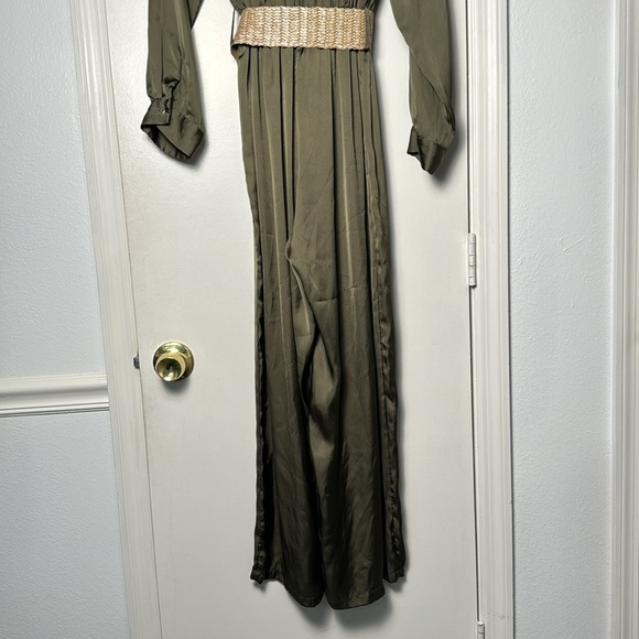 EUC Olive Green Zara Classy Belted Longsleeve Satin-Like Jumpsuit Size Medium - Picture 8 of 10